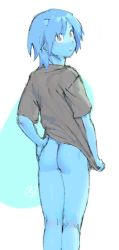 Rule 34 | 1boy, ass, blue hair, blue oni, blue skin, bottomless, colored skin, from behind, grey eyes, grey shirt, hand on own hip, horns, looking back, male focus, monster boy, nemge, oni, oni horns, original, pointy ears, shirt, shirt tug, short hair, solo, t-shirt