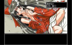 Rule 34 | 1girl, black hair, breasts, brown eyes, covering breasts, covering privates, hair ribbon, japanese clothes, legs, long hair, looking at viewer, nakoruru, pc-98 (style), ribbon, samurai spirits, sitting, small breasts, snk, solo, tears, the king of fighters, thighs, traditional media