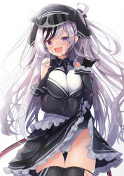 Rule 34 | :d, absurdres, anchor symbol, azur lane, breasts, chain, character request, clothes lift, dress, dress lift, fang, gluteal fold, twirling hair, hat, highres, large breasts, long hair, madotsukumo, naughty face, open mouth, purple eyes, self exposure, silver hair, skin fang, skindentation, smile, solo, teasing, thighhighs, white background, zipper, zipper pull tab