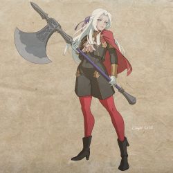 Rule 34 | 1girl, axe, blonde hair, cape, character name, edelgard von hresvelg, fire emblem, fire emblem: three houses, garreg mach monastery uniform, gloves, hair ribbon, high heels, holding, holding axe, long hair, long sleeves, mikoyan, nintendo, pantyhose, parted lips, purple eyes, red cape, red pantyhose, ribbon, simple background, solo, uniform, white gloves