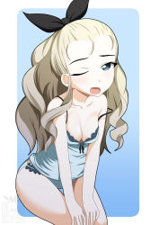 Rule 34 | 1girl, artist logo, assam (girls und panzer), black ribbon, blonde hair, blue background, blue eyes, blue panties, blue shirt, breasts, camisole, commentary, cowboy shot, girls und panzer, gradient background, hair pulled back, hair ribbon, hands on thighs, highres, ichijou takakiyo, leaning forward, long hair, looking at viewer, medium breasts, one eye closed, open mouth, outside border, panties, ribbon, rounded corners, shirt, smile, solo, standing, strap slip, thigh gap, underwear, underwear only