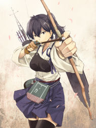 Rule 34 | 10s, 1girl, archery, armor, arrow (projectile), bow (weapon), brown eyes, brown hair, drawing bow, foreshortening, gloves, holding bow (weapon), japanese clothes, kaga (kancolle), kantai collection, kyuudou, looking at viewer, muneate, partially fingerless gloves, partly fingerless gloves, personification, ponytail, quiver, side ponytail, single glove, solo, thighhighs, tomozo kaoru, weapon, yugake