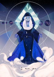 Rule 34 | 1girl, 24b, blue diamond (steven universe), blue skin, cloak, colored skin, constellation, crying, english text, gem, highres, hood, outstretched arms, planet, solo, space, standing, star (sky), steven universe, tears, white hair, wide sleeves