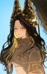 Rule 34 | 1girl, absurdres, animal ears, facial mark, gawako, hair ornament, hieroglyphics, highres, jacket, jewelry, long hair, looking at viewer, multicolored hair, original, parted lips, simple background, solo, two-tone hair, yellow eyes