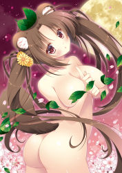 Rule 34 | 1girl, animal ears, arm between breasts, ass, bare shoulders, between breasts, breasts, brown hair, censored, censored nipples, convenient censoring, flower, full moon, hair flower, hair ornament, highres, index finger raised, large breasts, leaf, leaf censor, looking at viewer, moon, nude, original, raccoon ears, raccoon girl, raccoon tail, red eyes, shaft look, shigunyan, solo, standing, tail, twintails