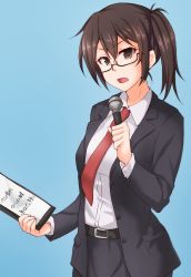 Rule 34 | 1girl, alternate costume, anti (untea9), belt, bespectacled, black-framed eyewear, black belt, black jacket, blue background, brown eyes, brown hair, clipboard, collared shirt, formal, glasses, hair between eyes, highres, holding, holding clipboard, holding microphone, jacket, kaga (kancolle), kantai collection, long hair, long sleeves, looking at viewer, microphone, necktie, open clothes, open jacket, open mouth, red necktie, semi-rimless eyewear, shirt, side ponytail, simple background, solo, suit, translation request, under-rim eyewear, white shirt