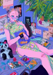 Rule 34 | 1girl, bandaid, bandaid on knee, bandaid on leg, black nails, blue eyes, brand name imitation, breasts, brown hair, cassette tape, cheetos, china dress, chinese clothes, chips (food), colored skin, double bun, dress, earrings, eating, eyelashes, felix the cat, food, hair bun, highres, indoors, jewelry, knees together feet apart, lay&#039;s (potato chips), m&amp;m&#039;s, magazine (object), nail polish, najuco (naju0517), open mouth, original, phone, plant, poster (object), purple-tinted eyewear, round eyewear, sitting, solo, stuffed animal, stuffed toy, sunlight, tinted eyewear, wristband