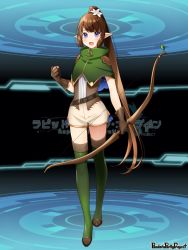 Rule 34 | 1girl, :o, belt, bow (weapon), brown gloves, brown hair, capelet, clenched hand, copyright name, flower, full body, gloves, green capelet, green thighhighs, hair flower, hair ornament, haritoyomimasu, holding, holding bow (weapon), holding weapon, long hair, looking at viewer, pandora party project, pointy ears, ponytail, purple eyes, sidelocks, solo, standing, tachi-e, thighhighs, very long hair, weapon