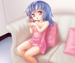 Rule 34 | blue hair, brushing hair, brushing own hair, couch, hair brush, hinata yuyuki, naked towel, original, red eyes, short hair, sitting, solo, towel