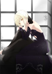 Rule 34 | 1girl, artoria pendragon (fate), blonde hair, breasts, dress, elbow gloves, fate/grand order, fate/stay night, fate (series), fuu (fuore), gloves, highres, leaning, looking at viewer, pale skin, saber (fate), saber alter, sideboob, small breasts, solo, tree, window, yellow eyes