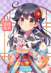 Rule 34 | 1girl, 2021, 2others, ^ ^, ahoge, animal, black hair, blush, brown eyes, closed eyes, closed mouth, cow, floral print, hair between eyes, highres, japanese clothes, kantai collection, kimono, long hair, long sleeves, multiple others, obi, pet, print kimono, rabbit, sash, smile, ushio (kancolle), wan89, wide sleeves