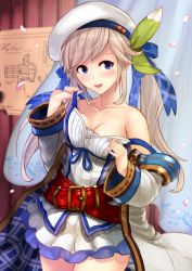 Rule 34 | 1girl, :d, bad id, bad pixiv id, bare shoulders, belt, beret, blonde hair, blue eyes, blush, bow, breasts, cleavage, collarbone, cucouroux (granblue fantasy), detached sleeves, diagram, granblue fantasy, hair bow, hair ribbon, hat, highres, indoors, long hair, looking at viewer, medium breasts, open mouth, ribbon, satoshiki, skirt, smile, solo, twintails, white skirt