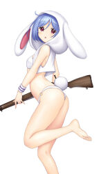 Rule 34 | 1girl, :o, animal ears, animal hood, ass, back, barefoot, battle rifle, bikini, blue hair, blush, breasts, commentary request, cowlick, expressionless, floppy ears, foot out of frame, gun, hair between eyes, hataraki kuma, highres, holding, holding gun, holding weapon, hood, hood up, looking at viewer, looking to the side, medium bangs, open mouth, rabbit ears, rabbit hood, rabbit tail, red eyes, reisen (touhou bougetsushou), rifle, short hair, simple background, small breasts, soles, solo, swimsuit, tail, thighs, toes, touhou, weapon, white background, white bikini, white hood