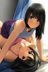 Rule 34 | 2girls, absurdres, all fours, bare arms, bare shoulders, bed sheet, black eyes, black hair, blue shirt, blush, breasts, camisole, curtains, day, downblouse, girl on top, head tilt, highres, indoors, long hair, looking at viewer, lying, matsunaga kouyou, multiple girls, nose blush, on back, original, parted lips, pink camisole, purple shorts, shirt, short shorts, shorts, small breasts, sunlight, tank top, yuri