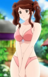 Rule 34 | 1girl, :o, absurdres, amagami, bikini, breasts, brown eyes, brown hair, cleavage, female focus, highres, nakata sae, nature, navel, non-web source, outdoors, plant, screencap, sky, solo, stitched, swimsuit, third-party edit, twintails