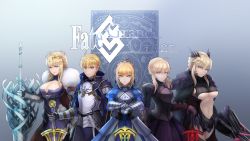 Rule 34 | 1boy, 4girls, absurdres, ahoge, armor, armored dress, arthur pendragon (fate), artoria pendragon (all), artoria pendragon (fate), artoria pendragon (lancer) (fate), artoria pendragon (lancer alter) (fate), blonde hair, braid, breasts, cleavage, commentary, copyright name, dress, excalibur (fate/prototype), excalibur (fate/stay night), fate/grand order, fate (series), fur, gauntlets, gloves, green eyes, hair between eyes, hair ribbon, highres, holding, holding lance, holding polearm, holding weapon, horns, huge filesize, lance, large breasts, long hair, long sleeves, looking at viewer, medium breasts, multiple girls, navel, nayamer, polearm, ribbon, saber (fate), saber alter, short hair, sidelocks, smile, standing, sword, weapon, yellow eyes