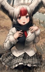 Rule 34 | 1girl, :d, absurdres, black eyes, black hair, black pantyhose, black scarf, commentary, frilled skirt, frills, fur-trimmed sleeves, fur trim, gradient hair, grey skirt, hands on own chest, head wings, highres, jacket, kemono friends, long hair, long sleeves, looking at viewer, multicolored hair, necktie, on ground, open mouth, outdoors, pantyhose, plaid, plaid skirt, pleated skirt, red-crowned crane (kemono friends), red hair, red necktie, scarf, sitting, skirt, smile, solo, spread wings, welt (kinsei koutenkyoku), white hair, white jacket, wings