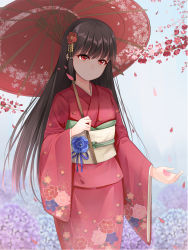 Rule 34 | 1girl, bad id, bad pixiv id, black hair, cowboy shot, fengli (709622571), floral print, flower, gradient background, hair flower, hair ornament, head tilt, holding, holding umbrella, japanese clothes, kimono, long hair, long sleeves, looking away, looking down, obi, oil-paper umbrella, original, outstretched hand, parted lips, petals, pink kimono, print kimono, red eyes, sash, solo, straight hair, umbrella, very long hair, wide sleeves