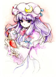 Rule 34 | 1girl, :&lt;, book, crescent, female focus, h sakray, hair ribbon, hat, holding, holding book, long hair, open book, outstretched hand, patchouli knowledge, purple eyes, purple hair, ribbon, sakurai haruto, solo, touhou