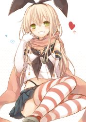 Rule 34 | 10s, 1girl, anchor, anchor hair ornament, bare shoulders, black neckerchief, black panties, blonde hair, elbow gloves, gloves, green eyes, grin, hair ornament, hair ribbon, heart, highleg, highleg panties, kantai collection, komeshiro kasu, looking at viewer, miniskirt, neckerchief, panties, personification, ribbon, scarf, shimakaze (kancolle), sitting, skirt, smile, solo, striped clothes, striped thighhighs, thighhighs, underwear