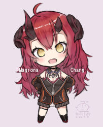 Rule 34 | 1girl, :d, ahoge, bad id, bad pixiv id, black camisole, black jacket, black socks, blush, breasts, brown background, brown eyes, camisole, capriccio, character name, chibi, commentary request, curled horns, dated, demon horns, full body, hair between eyes, hands on own hips, head tilt, horns, jacket, long hair, long sleeves, looking at viewer, magrona, magrona channel, off shoulder, open clothes, open jacket, open mouth, red hair, signature, simple background, sleeves past wrists, small breasts, smile, socks, solo, standing, very long hair, virtual youtuber