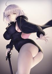 Rule 34 | 1girl, ahoge, ass, black dress, black panties, blue coat, breasts, coat, dress, fate/grand order, fate (series), from below, fur-trimmed coat, fur trim, gradient background, highres, itaco, jeanne d&#039;arc (fate), jeanne d&#039;arc alter (fate), jeanne d&#039;arc alter (ver. shinjuku 1999) (fate), large breasts, looking at viewer, official alternate costume, open mouth, pale skin, panties, short dress, short hair, silver hair, solo, sword, thighs, underwear, weapon, wicked dragon witch ver. shinjuku 1999, yellow eyes