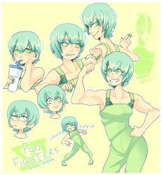 Rule 34 | 1girl, blush, boukken, character name, copyright name, cowboy shot, drink, drinking, drinking straw, drinking straw in mouth, flexing, foo fighters (jojo), foo fighters (stand), green eyes, green hair, green nails, green overalls, green theme, hand on own hip, highres, holding, holding drink, jojo no kimyou na bouken, multiple views, nail polish, parted lips, profile, short hair, smile, stand (jojo), stone ocean, upper body