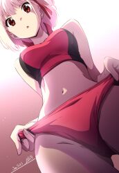 Rule 34 | 1girl, :o, bare shoulders, blonde hair, breasts, buruma, buruma pull, clothes pull, commentary, crotch, dated, from below, gluteal fold, hair ribbon, highres, looking at viewer, looking down, lycoris recoil, medium breasts, midriff, navel, nii manabu, nishikigi chisato, official alternate costume, open mouth, pulling own clothes, red buruma, red eyes, red ribbon, red sports bra, ribbon, short hair, signature, solo, sports bra, stomach, track and field, track uniform, two-tone sports bra