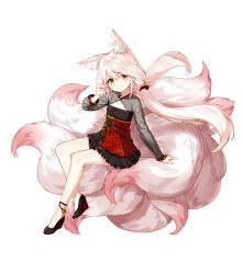 Rule 34 | 1girl, alternate hair color, animal ear fluff, animal ears, ankle bell, arm support, black dress, black footwear, black sleeves, bow, cleavage cutout, closed mouth, closers, clothing cutout, dress, flat chest, fox ears, fox girl, fox shadow puppet, fox tail, full body, hair bow, hand up, high heels, highres, kitsune, kyuubi, layered dress, long hair, long sleeves, looking at viewer, low twintails, lucy (closers), multiple tails, official art, pink tail, red bow, red dress, see-through, see-through sleeves, sitting, sitting on tail, smile, solo, tachi-e, tail, twintails, two-tone dress, wedge heels, white background, white hair, yellow eyes