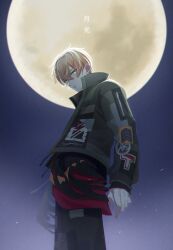 Rule 34 | 1boy, arms at sides, blonde hair, closed mouth, commentary request, earrings, from below, full moon, green eyes, hair between eyes, highres, jewelry, long sleeves, looking at viewer, male focus, moon, multicolored hair, night, night sky, official alternate costume, orange hair, project sekai, shinonome akito, short hair, sky, solo, streaked hair, the power of unity (project sekai), yk62