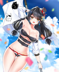 Rule 34 | 1girl, :d, alternate breast size, alternate hair color, arm up, armpits, bare shoulders, belt, bikini, black bikini, black hair, black hat, blurry, breasts, cleavage, cloud, collarbone, confetti, cowboy shot, depth of field, detached sleeves, earrings, elsword, eve (elsword), facial mark, flag, gluteal fold, groin, hat, highres, holding, jewelry, large breasts, long hair, looking at viewer, lowleg, lowleg bikini, mal poi, mini hat, moby (elsword), multiple belts, navel, open mouth, remy (elsword), smile, solo, stomach, strapless, strapless bikini, string bikini, swimsuit, thigh gap, thighs, top hat, yellow eyes