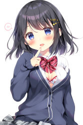Rule 34 | 1girl, :d, black hair, black jacket, blue eyes, blush, bow, bow bra, bra, breasts, collared shirt, commentary request, diagonal stripes, dress shirt, finger to mouth, fortissimo, grey skirt, hair ornament, hairclip, hand up, head tilt, jacket, long sleeves, looking at viewer, musical note, musical note hair ornament, off shoulder, open clothes, open jacket, open mouth, original, pan (mimi), partially unbuttoned, plaid, plaid skirt, pleated skirt, red bow, shirt, simple background, skirt, sleeves past wrists, small breasts, smile, solo, spoken blush, striped, striped bow, treble clef, underwear, white background, white bra, white shirt