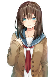 Rule 34 | 1girl, arm at side, blue eyes, blush, brown hair, cardigan, collarbone, hair between eyes, hand on own chest, kurata rine, lips, long hair, long sleeves, looking at viewer, neckerchief, open cardigan, open clothes, original, red neckerchief, school uniform, serafuku, shirt, simple background, sleeves past wrists, solo, unbuttoned, upper body, white background, white shirt