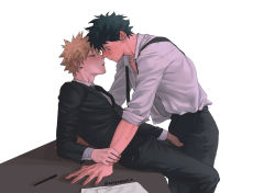 Rule 34 | 2boys, absurdres, alternate costume, arm support, artist name, bakugou katsuki, black hair, black jacket, black neckwear, black pants, blush, boku no hero academia, bulge, commentary request, crotch grab, desk, closed eyes, freckles, from side, highres, imminent kiss, jacket, long sleeves, looking at another, male focus, midoriya izuku, multiple boys, necktie, aged up, open mouth, pale skin, pants, shirt, short hair, simple background, sitting, sitting on person, sleeves past elbows, sweat, wengwengchim, white background, white shirt, yaoi