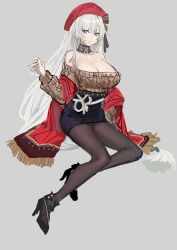 Rule 34 | 1girl, azur lane, belfast (azur lane), belfast (shopping with the head maid) (azur lane), belt, beret, black footwear, black pantyhose, black skirt, blue eyes, breasts, choker, cleavage, collarbone, earrings, echj, grey background, hair ribbon, hat, high heels, highres, jewelry, large breasts, legs, long hair, looking at viewer, pantyhose, ribbon, scarf, shawl, shoes, silver hair, sitting, skirt, solo, sweater, thighhighs, tight clothes, very long hair