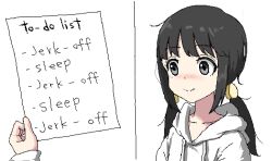 Rule 34 | 1girl, 2koma, aiu404l, black hair, blush, closed mouth, comic, egg (aiu404l), english text, grey eyes, highres, hood, hoodie, list, long sleeves, nose blush, original, relatable, smile, solo, twintails, upper body, white hoodie