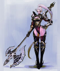 Rule 34 | 1girl, armor, axe, bad id, bad pixiv id, battle axe, blonde hair, blue eyes, boots, breasts, cleavage, cleavage cutout, clothing cutout, elf, fantasy, hand on own hip, highres, kyung han kim, large breasts, lips, lipstick, looking to the side, makeup, original, pauldrons, pointy ears, ponytail, red lips, shoulder armor, solo, thigh boots, thighhighs, weapon