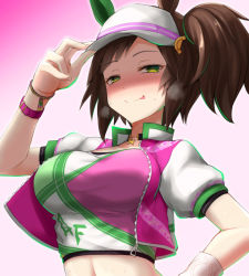 Rule 34 | 1girl, animal ears, breasts, brown hair, closed mouth, collarbone, crop top, cropped jacket, ear covers, freckles, gradient background, green eyes, hair through headwear, hand on own hip, hat, heart, heart-shaped pupils, highres, holding, holding clothes, holding hat, horse ears, horse girl, ines fujin (umamusume), large breasts, long hair, looking at viewer, midriff, shirt, short sleeves, side ponytail, single ear cover, smile, symbol-shaped pupils, taut clothes, taut shirt, tongue, tongue out, umamusume, upper body, visor cap, watarui