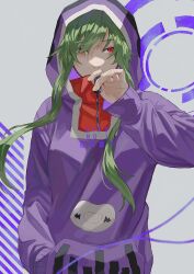 Rule 34 | 510 gotoudayo, absurdres, blurry, breasts, cable, character name, copyright name, covered mouth, depth of field, fingernails, floating hair, green hair, hair over one eye, hand in pocket, hand up, highres, hood, hood up, hoodie, kagerou project, kido tsubomi, long hair, long sleeves, looking at viewer, medium breasts, purple hoodie, sidelocks, sleeves past wrists, small breasts, solo, striped, striped background, upper body, zipper