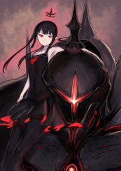 Rule 34 | 1girl, arm at side, armor, black armor, black hair, black pantyhose, breasts, covered navel, dress, halo, highres, looking at viewer, mecha, myufrae, pantyhose, pixiv fantasia, pixiv fantasia last saga, poco (backboa), pointy ears, red eyes, robot, sidelocks, sleeveless, sleeveless dress, small breasts, smile, standing, twintails