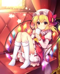 Rule 34 | 1girl, absurdres, ascot, blonde hair, bloomers, blush, bow, coffee mug, commentary request, couch, crystal, cup, dress, flandre scarlet, frilled dress, frilled shirt collar, frilled sleeves, frills, full body, hair bow, hat, highres, holding, holding cup, indoors, juliet sleeves, kneehighs, knees up, long sleeves, mob cap, mug, no shoes, on couch, petticoat, picture frame, pinafore dress, puffy sleeves, red bow, red dress, red eyes, red skirt, ruhika, sash, short hair, skirt, sleeveless, sleeveless dress, socks, solo, star (symbol), steam, tareme, thighs, touhou, twitter username, underwear, upskirt, white bow, white hat, white socks, wings, yellow ascot