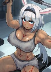 Rule 34 | 1girl, abs, absurdres, animal ears, arm tattoo, arms up, blue eyes, blush, breasts, caenis (fate), cameltoe, chest tattoo, cleavage, cleft of venus, covered erect nipples, dark-skinned female, dark skin, exercising, fate/grand order, fate (series), grey shorts, hands up, harurukan, headband, highres, large breasts, leg tattoo, long hair, looking at viewer, midriff, muscular, muscular female, navel, nipples, ponytail, rabbit ears, shorts, solo, sports bra, spread legs, stomach tattoo, sweat, tan, tattoo, white hair