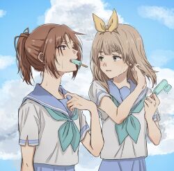 Rule 34 | 2girls, aqua neckerchief, blonde hair, blue eyes, blue sailor collar, blue sky, brown hair, cloud, cloudy sky, collar tug, commentary, curryisfriend, double popsicle, eating, food, food in mouth, hair ornament, hand in own hair, hands up, hibike! euphonium, kitauji high school uniform, looking at another, mouth hold, multiple girls, nakagawa natsuki, neckerchief, parted lips, ponytail, popsicle, sailor collar, school uniform, shirt, short sleeves, sky, sweat, symbol-only commentary, teeth hold, unequal popsicle division, white shirt, yoshikawa yuuko