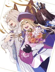 Rule 34 | 1boy, 2girls, artoria caster (fate), artoria caster (second ascension) (fate), artoria pendragon (fate), beret, black gloves, black pantyhose, blonde hair, bouquet, butterfly wings, cape, closed eyes, crown, dress, fate/grand order, fate (series), flower, gloves, grey hair, hat, highres, holding, holding bouquet, insect wings, long hair, morgan le fay (fate), morgan le fay (queen of winter) (fate), multiple girls, oberon (fate), pantyhose, shayubi, veil, white dress, wings