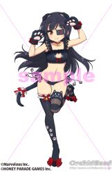 Rule 34 | 1girl, animal ears, animal hands, bare hips, bare shoulders, bell, black hair, black thighhighs, breasts, cat, cat ears, cat lingerie, cat paws, eyepatch, gloves, highres, keyhole bra, legs, long hair, looking at viewer, meme attire, mirai (senran kagura), panties, paw gloves, paw pose, paw print, red hair, ribbon, senran kagura, side-tie panties, small breasts, smile, standing, standing on one leg, tail, tail ornament, tail ribbon, thick thighs, thigh gap, thighhighs, thighs, underwear