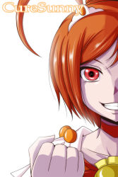 Rule 34 | 10s, 1girl, ahoge, antenna hair, bloom, brooch, character name, choker, clenched hand, cure sunny, grin, hair ornament, highres, hino akane (smile precure!), jewelry, magical girl, nishi koutarou, orange hair, orange theme, out of frame, portrait, precure, red eyes, short hair, simple background, smile, smile precure!, solo, upper body, white background
