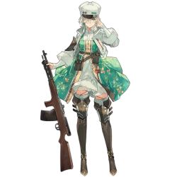 Rule 34 | 1girl, assault rifle, bag, battle rifle, belt, blonde hair, blouse, blush, boots, brown footwear, closed mouth, cross, fedorov (girls&#039; frontline), fedorov avtomat, floor, fur hat, girls&#039; frontline, green eyes, green ribbon, gun, hair between eyes, hair over one eye, hair ribbon, hat, highres, holding, holding weapon, holster, jacket, looking at viewer, medium hair, official art, open clothes, open jacket, orthodox cross, papakha, ribbon, rifle, salute, shirt, solo, standing, starshadowmagician, thigh boots, thighhighs, traditional dress, transparent background, weapon, white hat, white jacket, white shirt
