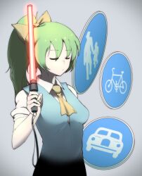 Rule 34 | 1girl, ascot, bicycles only sign, bow, breasts, closed eyes, closed mouth, collared shirt, colored skin, commentary request, cookie (touhou), daiyousei, diyusi (cookie), expressionless, green hair, grey background, hair between eyes, hair bow, highres, holding, long bangs, motor vehicles only sign, offside: diyusi, parupunte (nicoseiga51964270), pedestrians only sign, ponytail, road sign, shirt, short sleeves, sign, simple background, small breasts, solo, touhou, traffic baton, upper body, white shirt, white skin, yellow ascot, yellow bow