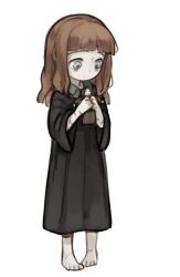 Rule 34 | 1girl, barefoot, black robe, closed mouth, commentary request, fear &amp; hunger, full body, grey eyes, holding, kingjoshua, long hair, orange hair, robe, scar, scar on arm, simple background, solo, stuffed toy, the girl (fear &amp; hunger), toes, white background