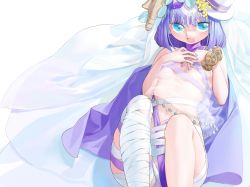 Rule 34 | 1girl, bandaged leg, bandages, barefoot, blue eyes, breasts, dress, embarrassed, flower, hair flower, hair ornament, hat, highres, kaede (shijie heping), lying, mini hat, nail polish, navel, on back, open mouth, original, own hands together, purple hair, revealing clothes, see-through, see-through dress, short hair, sleeveless, sleeveless dress, small breasts, strap, veil